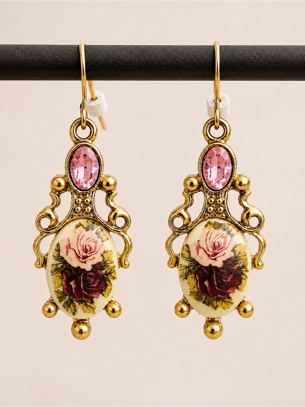 Vintage 1928 Pink Crystal Rose Drop Earrings Gold Tone Floral